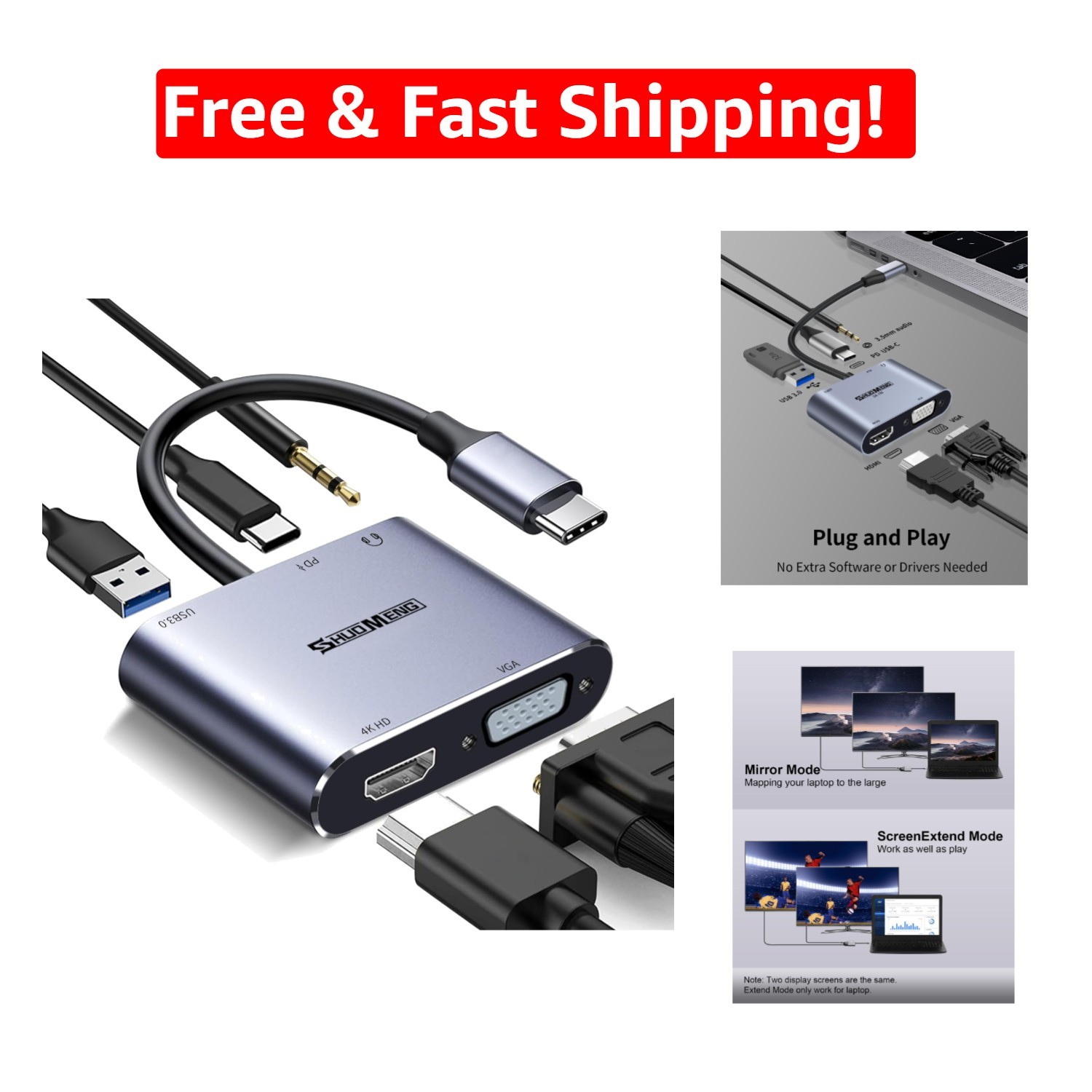 Compact 5-in-1 USB C Adapter with 4K HDMI, VGA, and Audio Input – Plug & Play