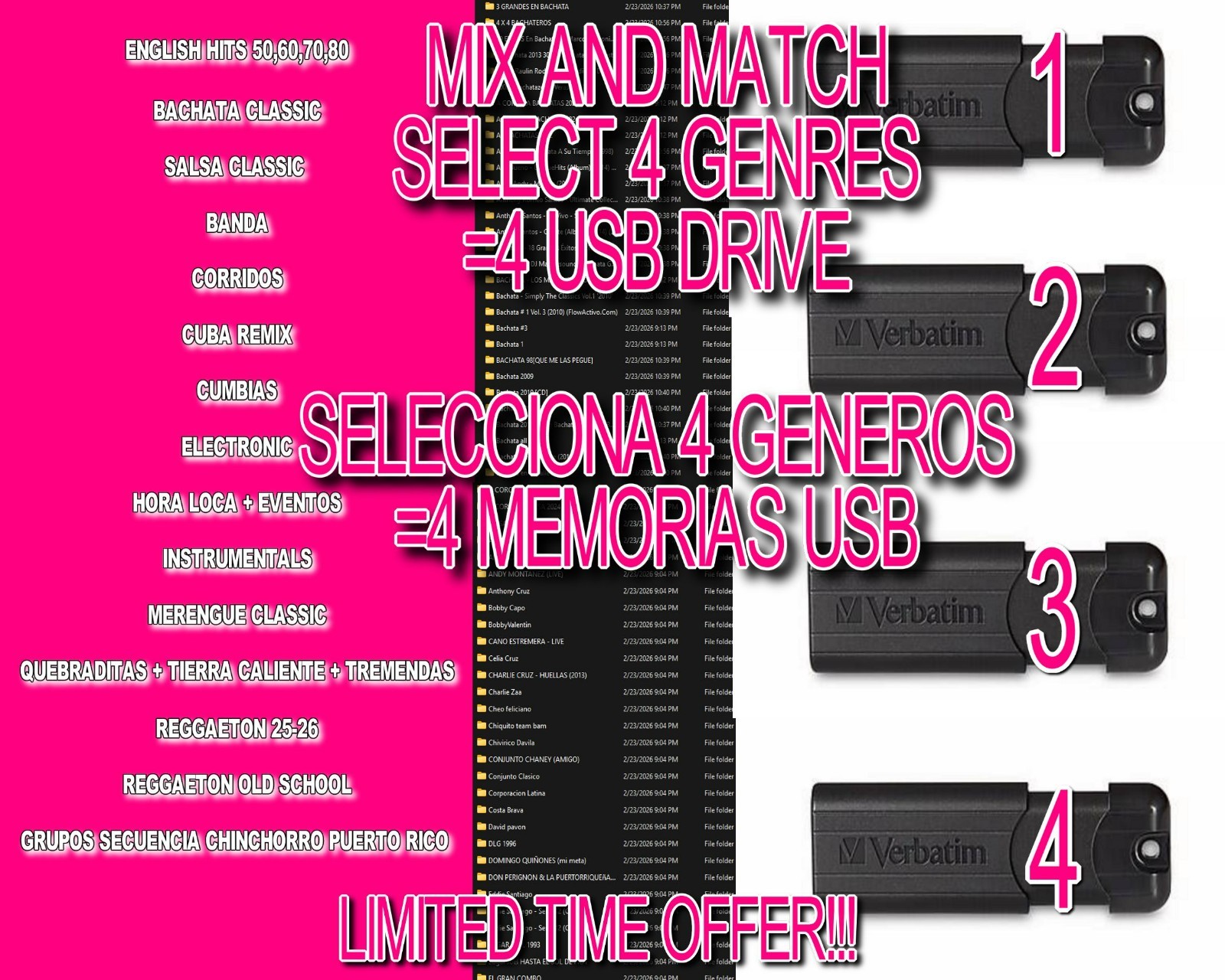 4 USB CON 4 GENEROS DIFERENTES- 4 USB WITH 4 DIFFERENT GENRES LIMITED TIME OFFER