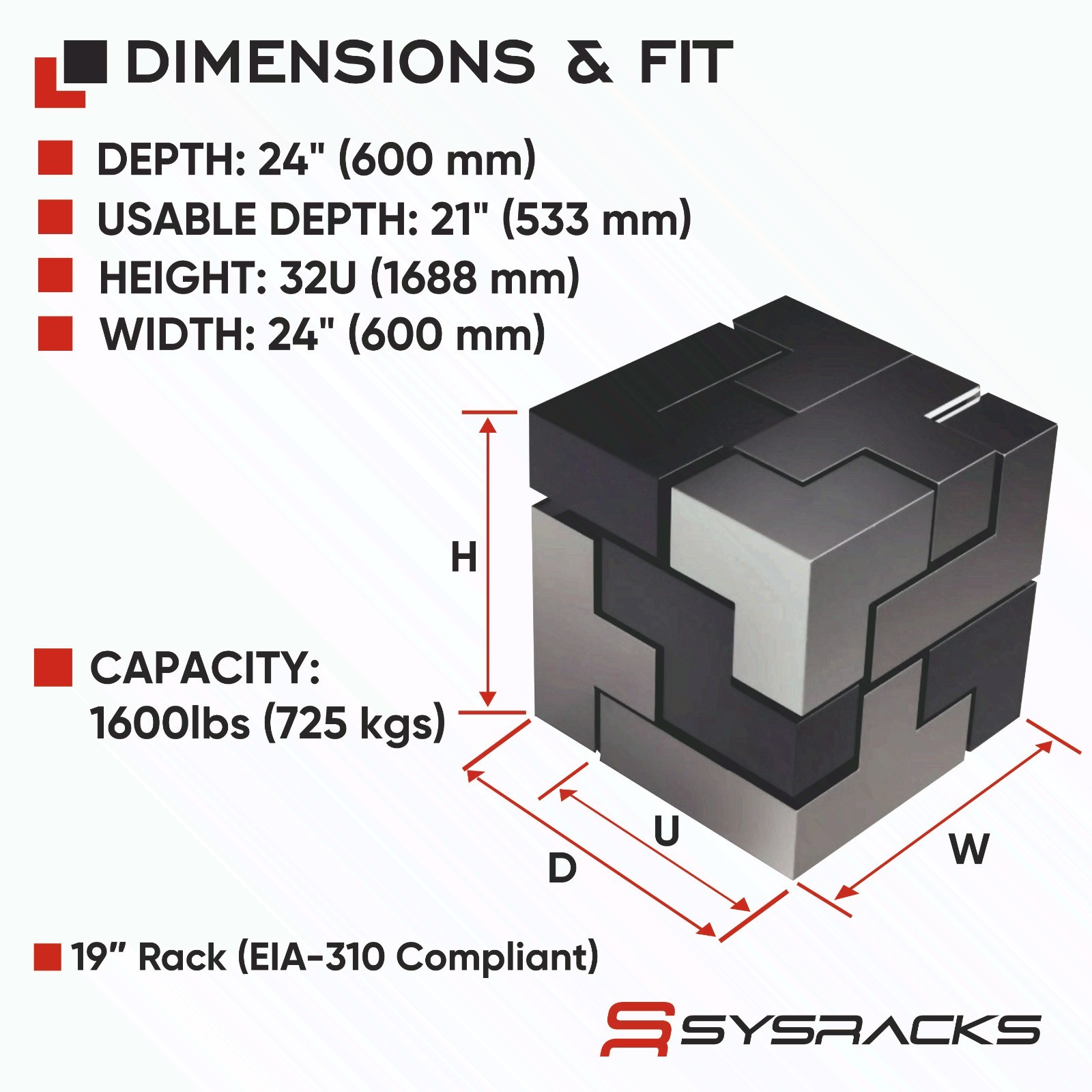 Sysracks 32U 24” Deep IT Network Data Server Rack Cabinet