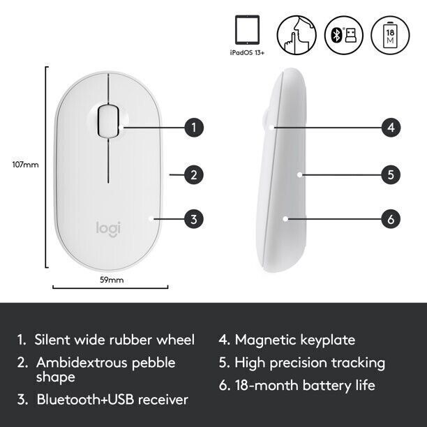 Logitech Bluetooth Optical Slim Mouse for MAC and IPAD, Light and Portable,White