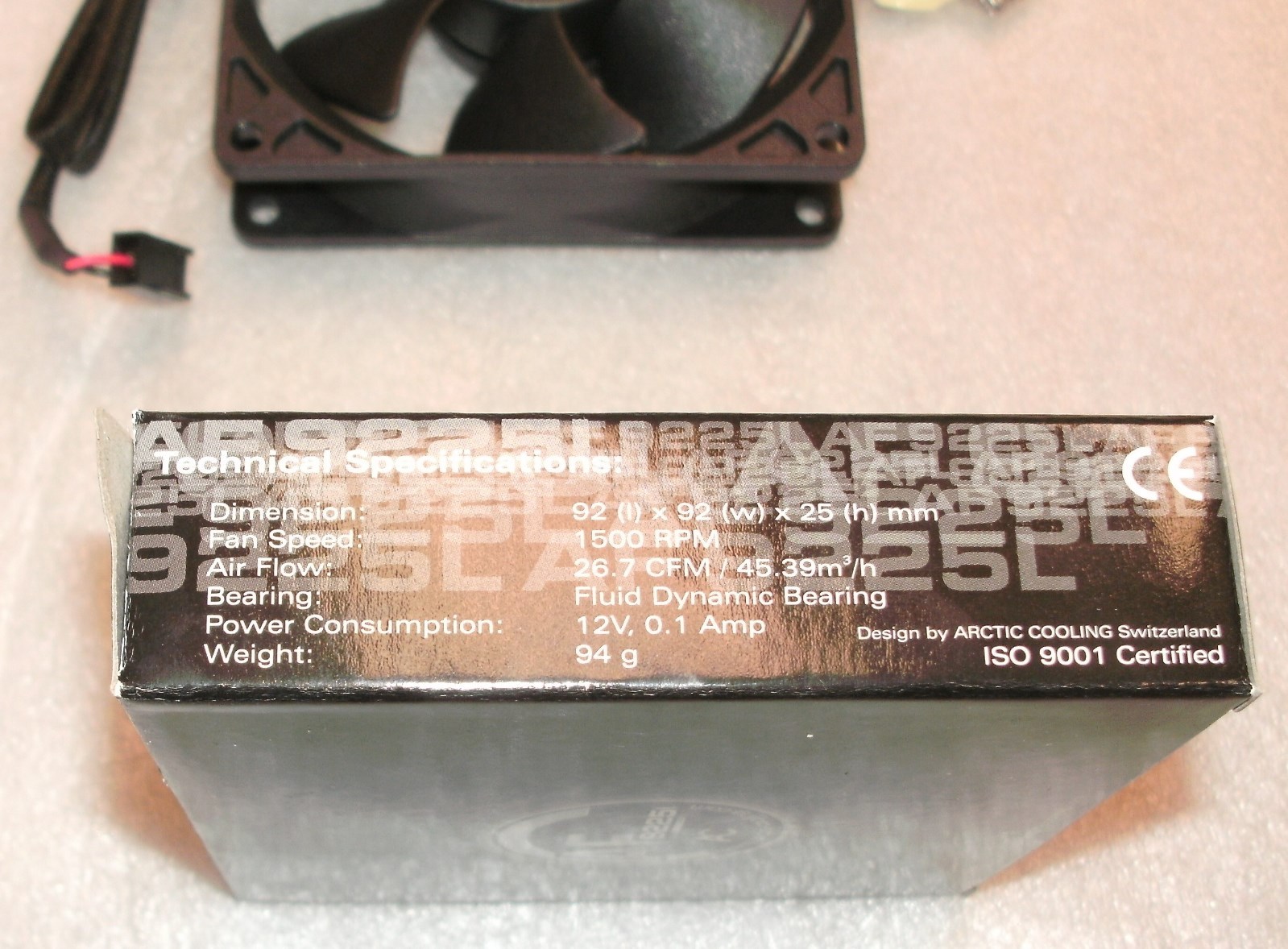 PC Computer Fan 12V 9225L 92x92x25mm 0.1A 3-Pin. 1500 RPM, ISO9001 Certified