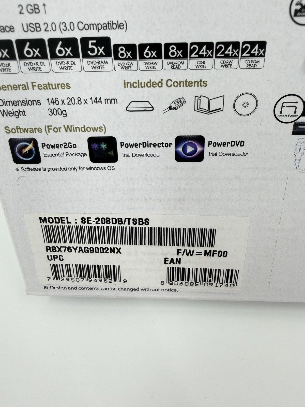 Samsung Portable External USB DVD Writer SE-208 DB ~ NEW, Open Box