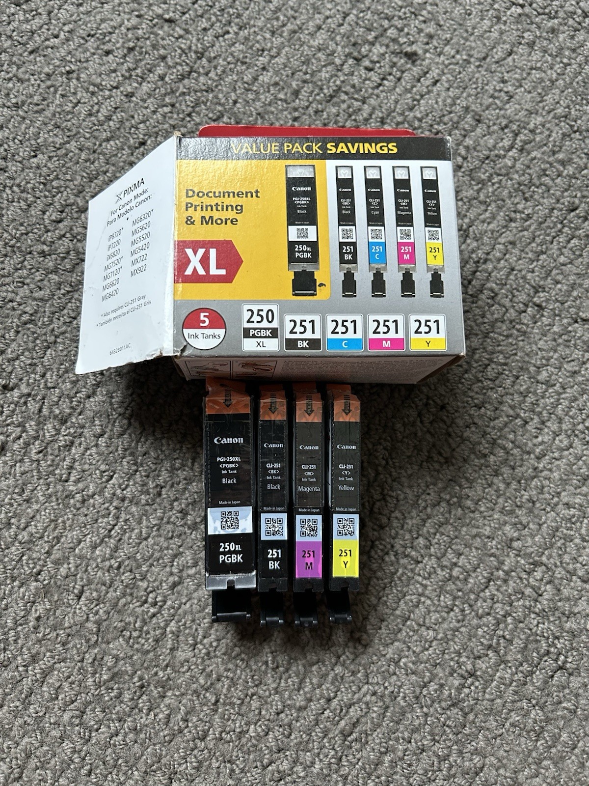 Authentic Canon PGI-250XL Black & CLI-251 Standard B/M/Y Color Ink 4 Pack
