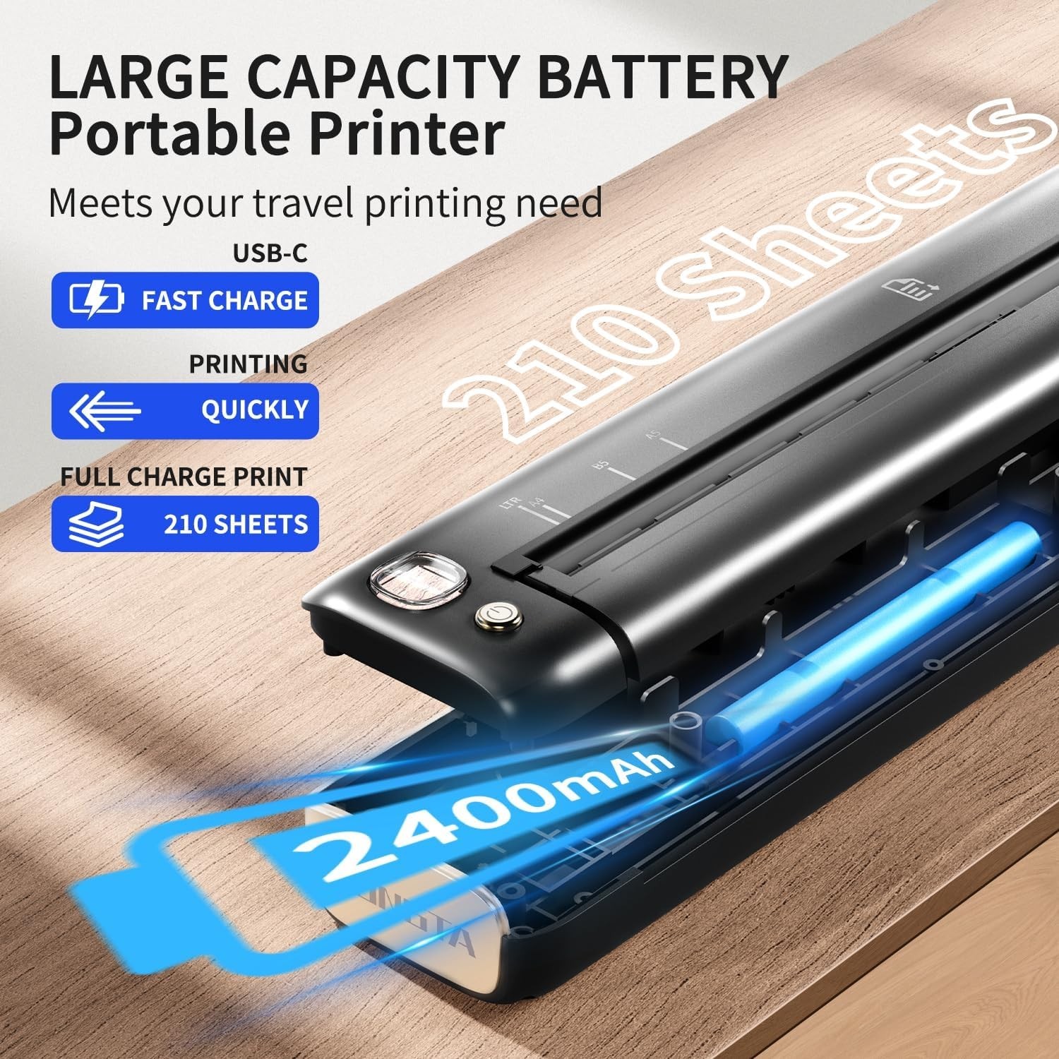 Wireless Mobile Printer A4 US Letter Travel Inkless Thermal for Car Truck Office