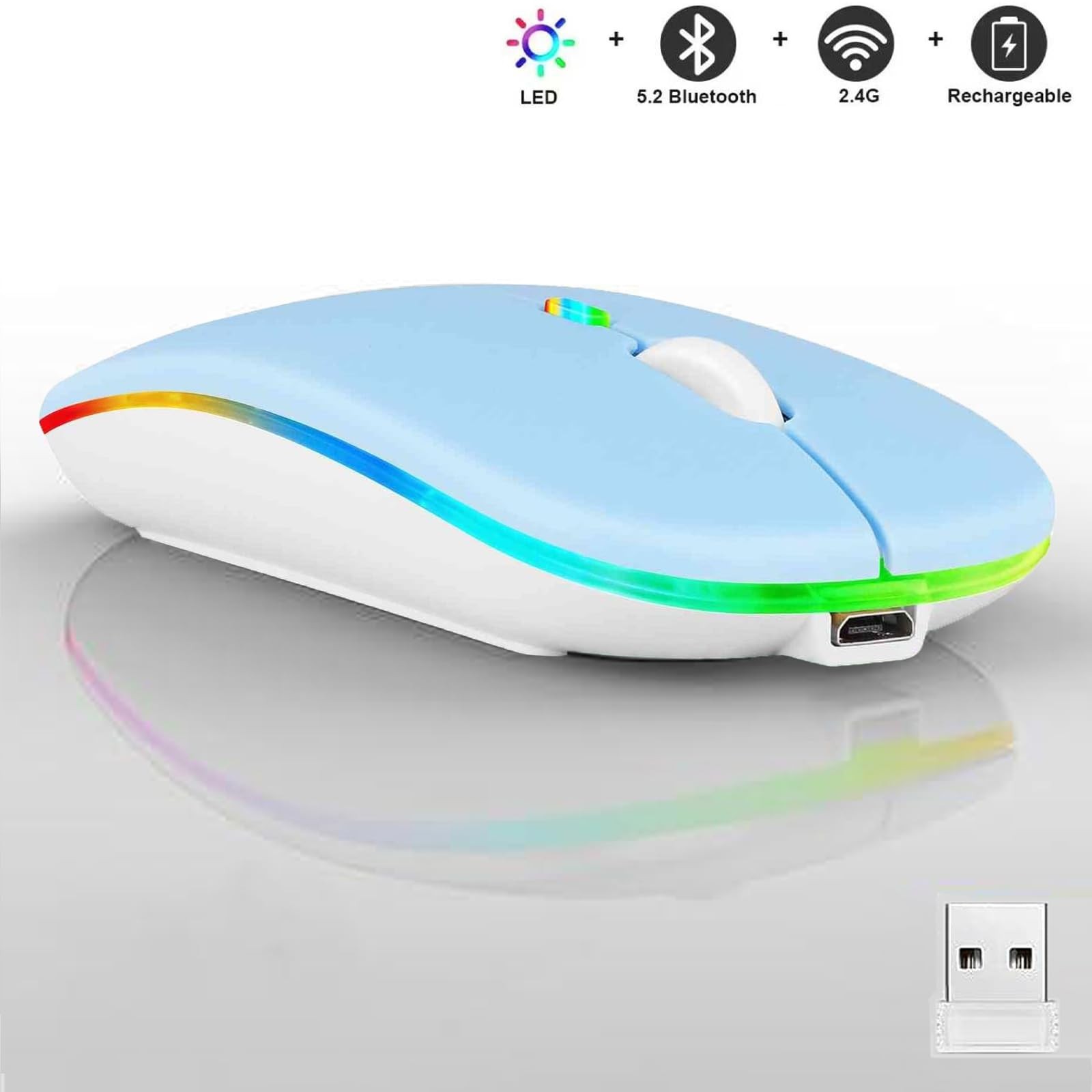 Wireless Bluetooth Mouse,LED Dual Mode Rechargeable Silent Slim Laptop Mouse,…