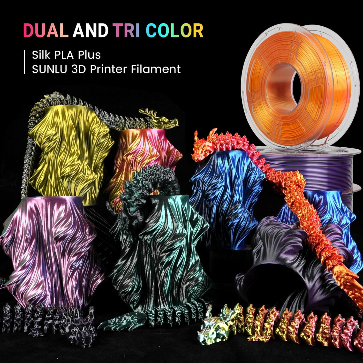 SUNLU Silk PLA Plus Triple Color 3D Printer Filament Blue+Green+Purple
