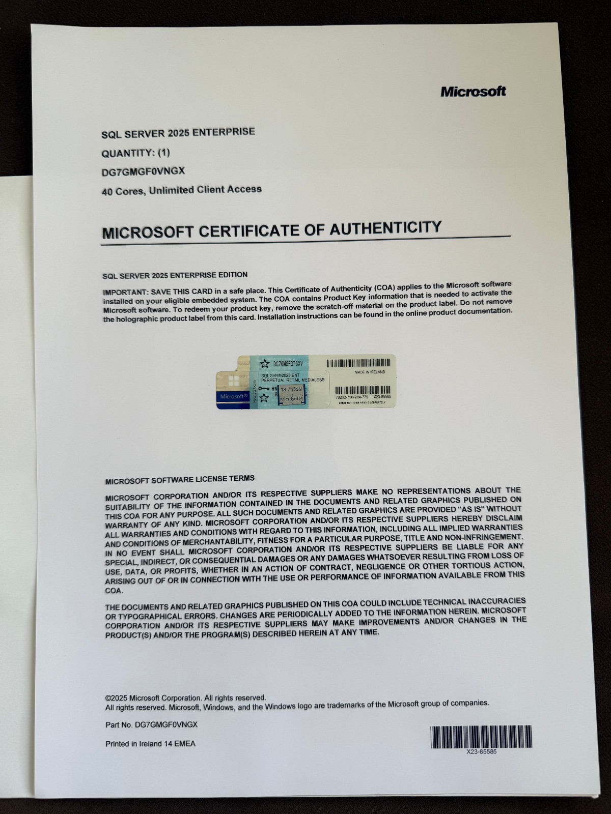 Microsoft SQL Server 2025 ENTERPRISE 40 Core Unlimited User CALs CoA GENUINE.