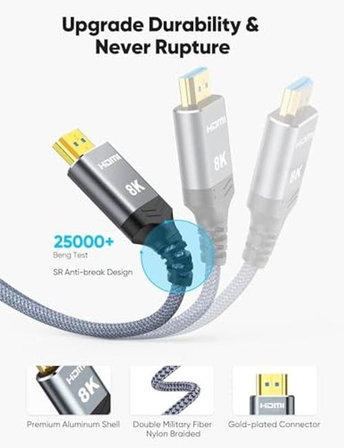 8K Fiber Optic HDMI Cable 40FT – 2.1 Unidirectional 48Gbps – Grey – 40FT