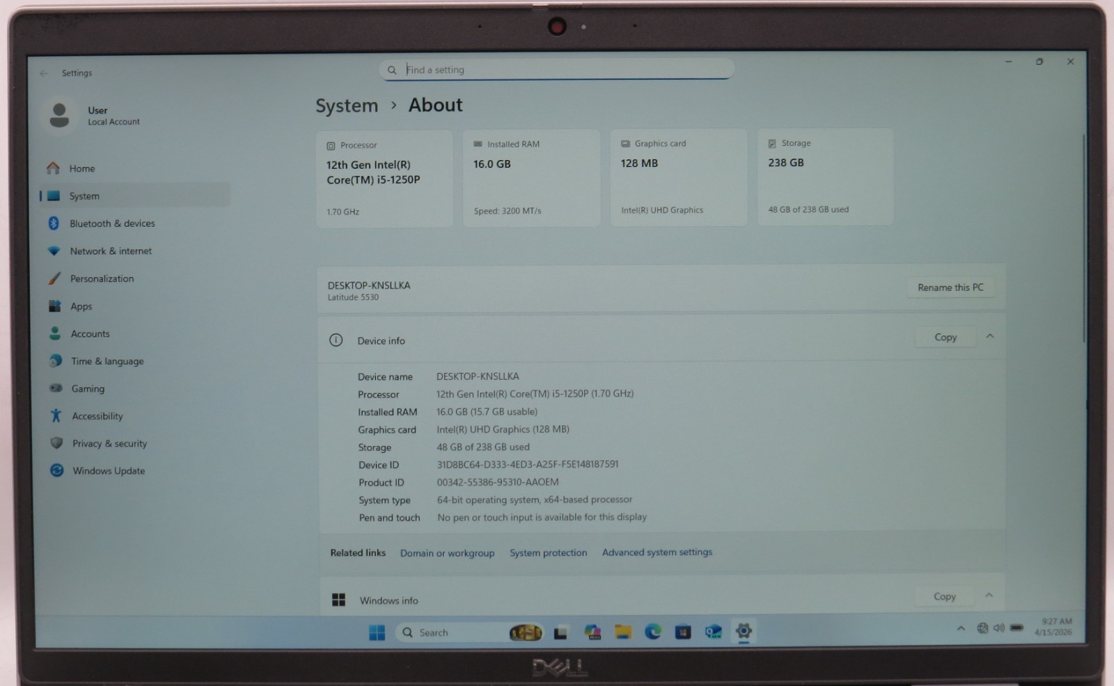 Dell Latitude 5530 i5-1250P @ 1.70GHz 16GB DDR4 256GB NVME Win11 Pro