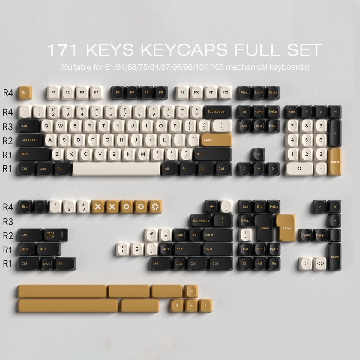 Double Shot PBT Keycaps 171 Keys Retro YMK For Cherry MX Black White Gold