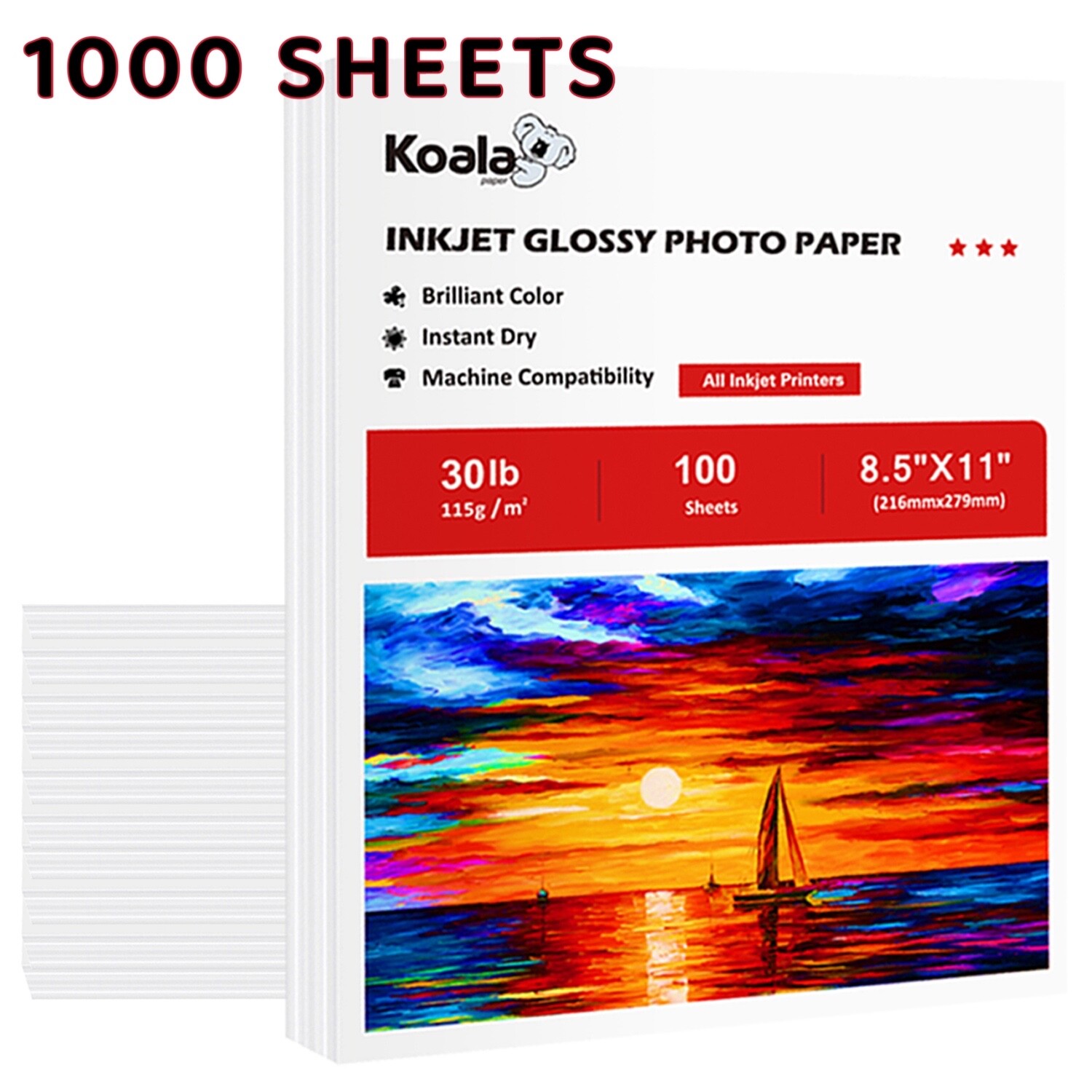 Bulk 1000 Sheets Koala Photo Paper 8.5×11 Glossy 30lb Thin Gloss Printer Paper