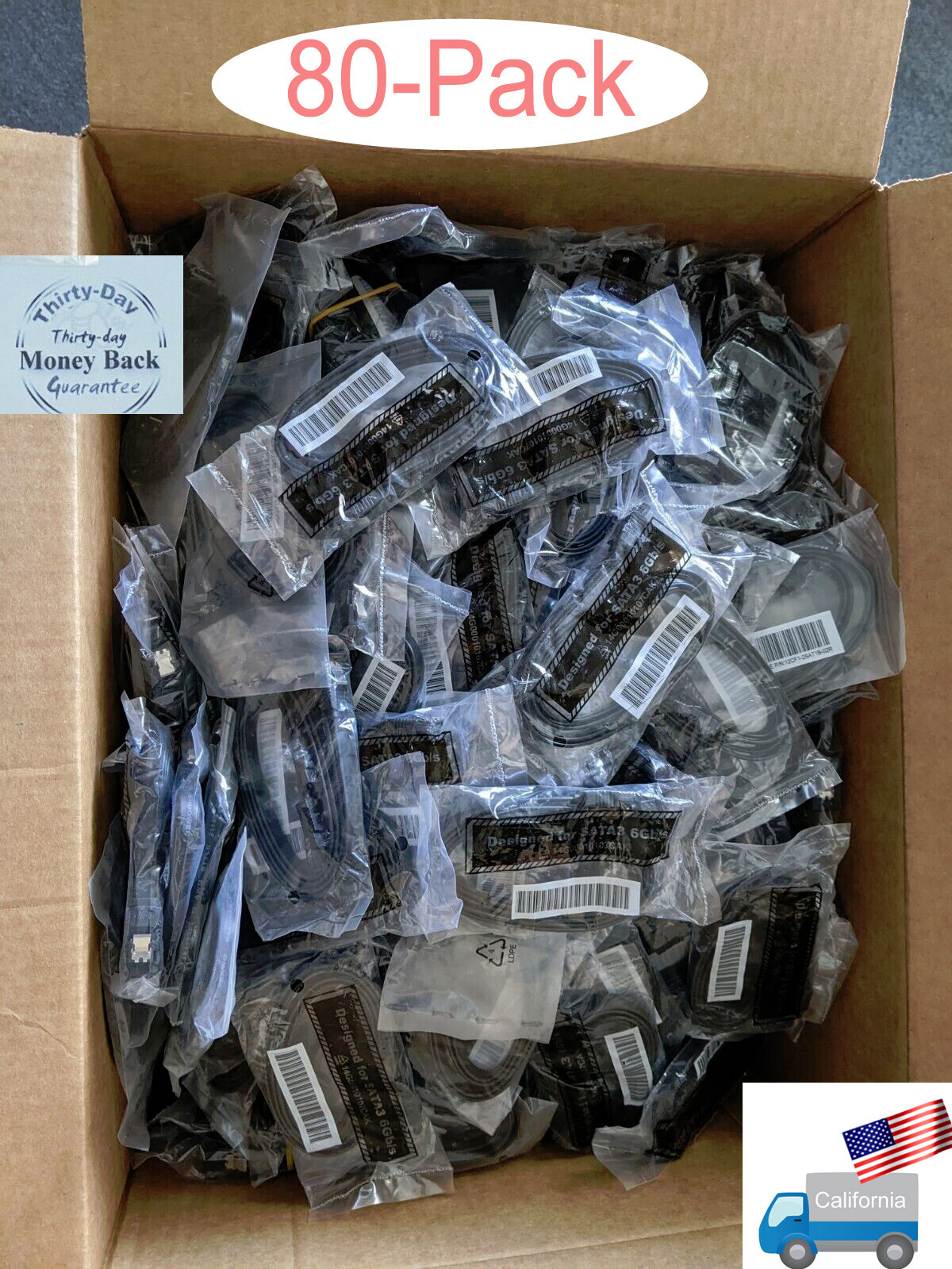 Mix Lot 80: NEW 18″ SATA 3.0 6Gb/s (40x 90-degree+ 40x Straight) PC Data Cables