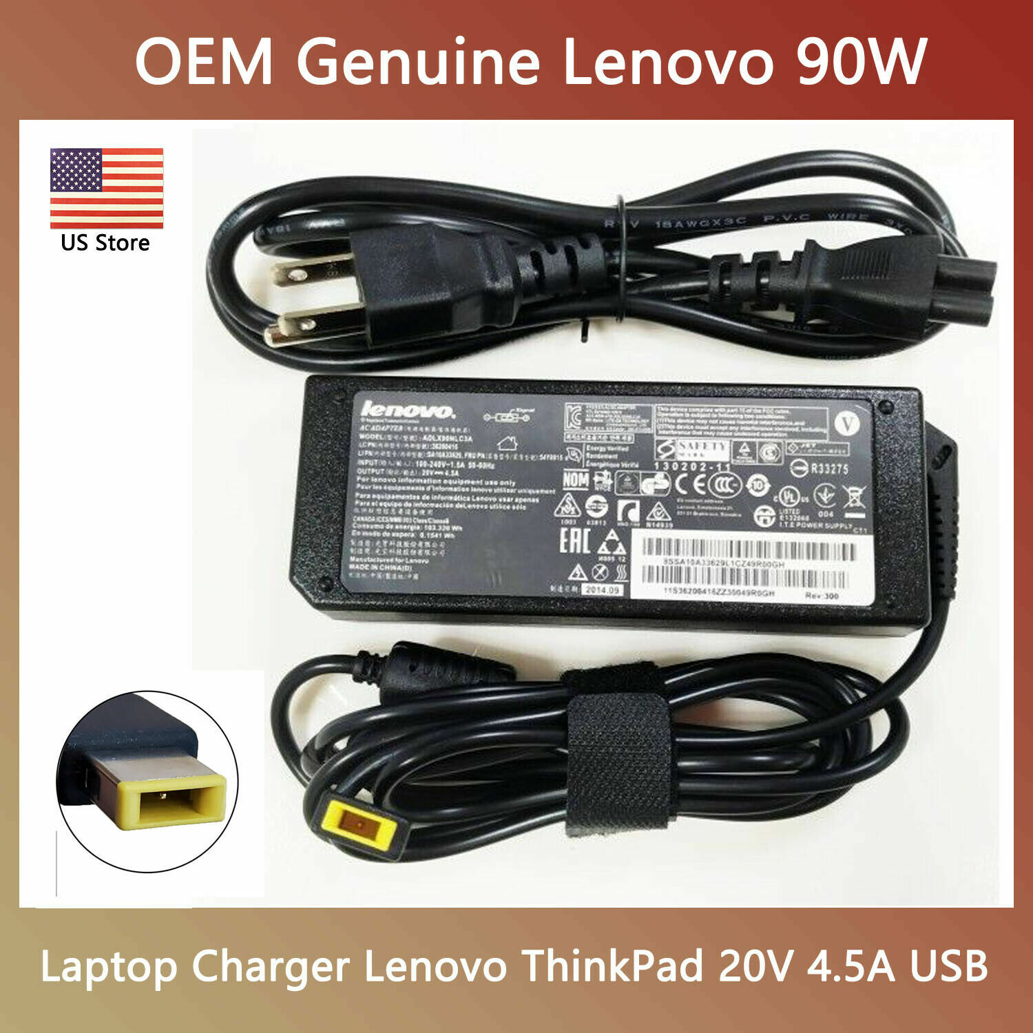 Lenovo 90W 20V 4.5A Laptop Charger AC Power Adapter Square Tip ThinkPad Genuine