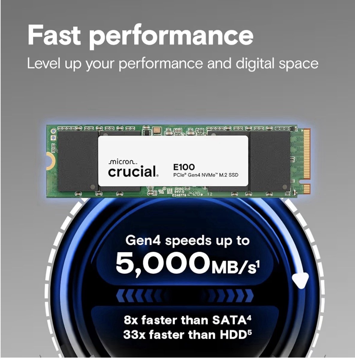 Crucial E100 480GB NVMe M.2 PCIe Gen4 SSD | Up to 4700MB/s | Laptop & Desktop