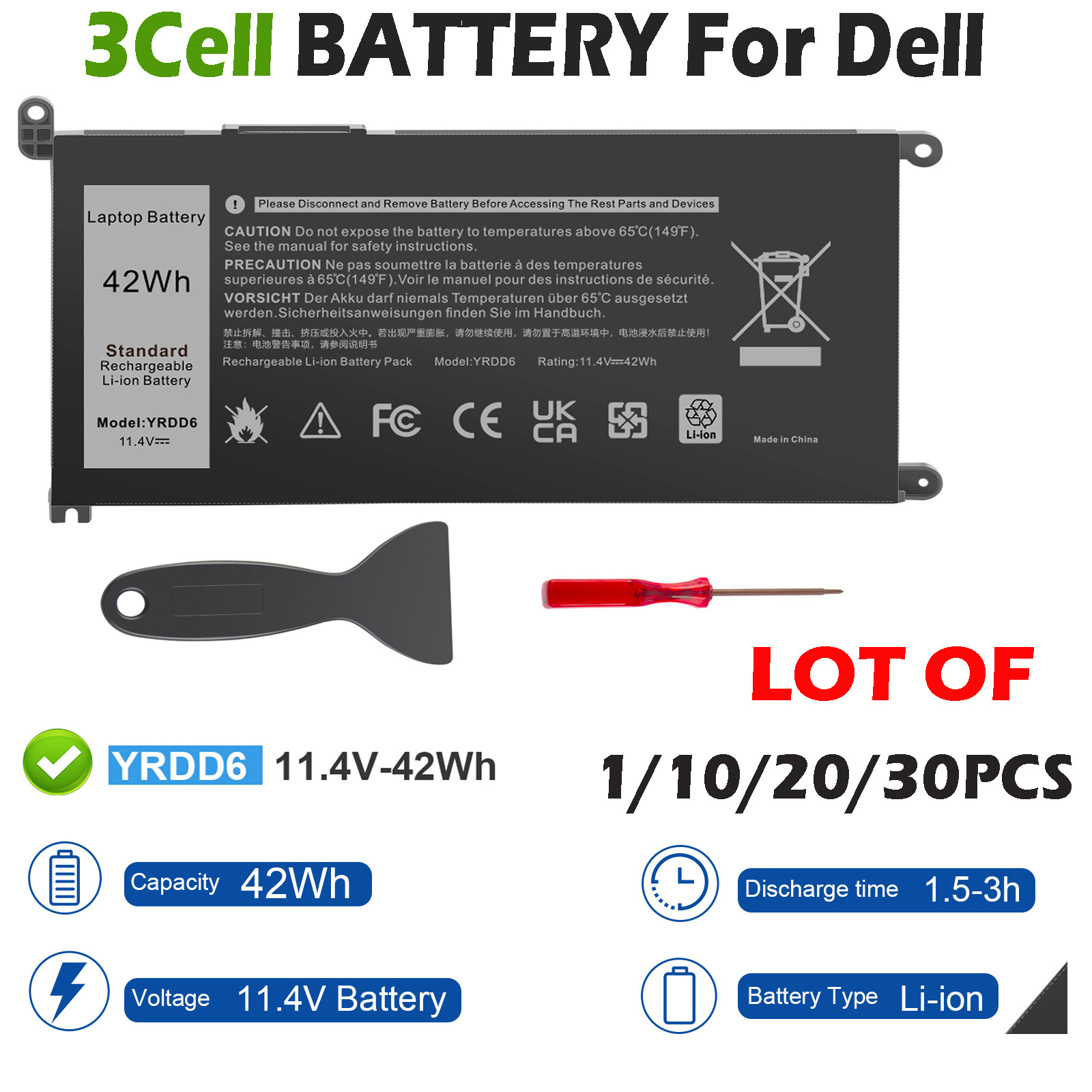 ✅LOT 1-30x YRDD6 Battery For Dell Inspiron 14 15 Latitude 3310 2-in-1 1VX1H 42Wh