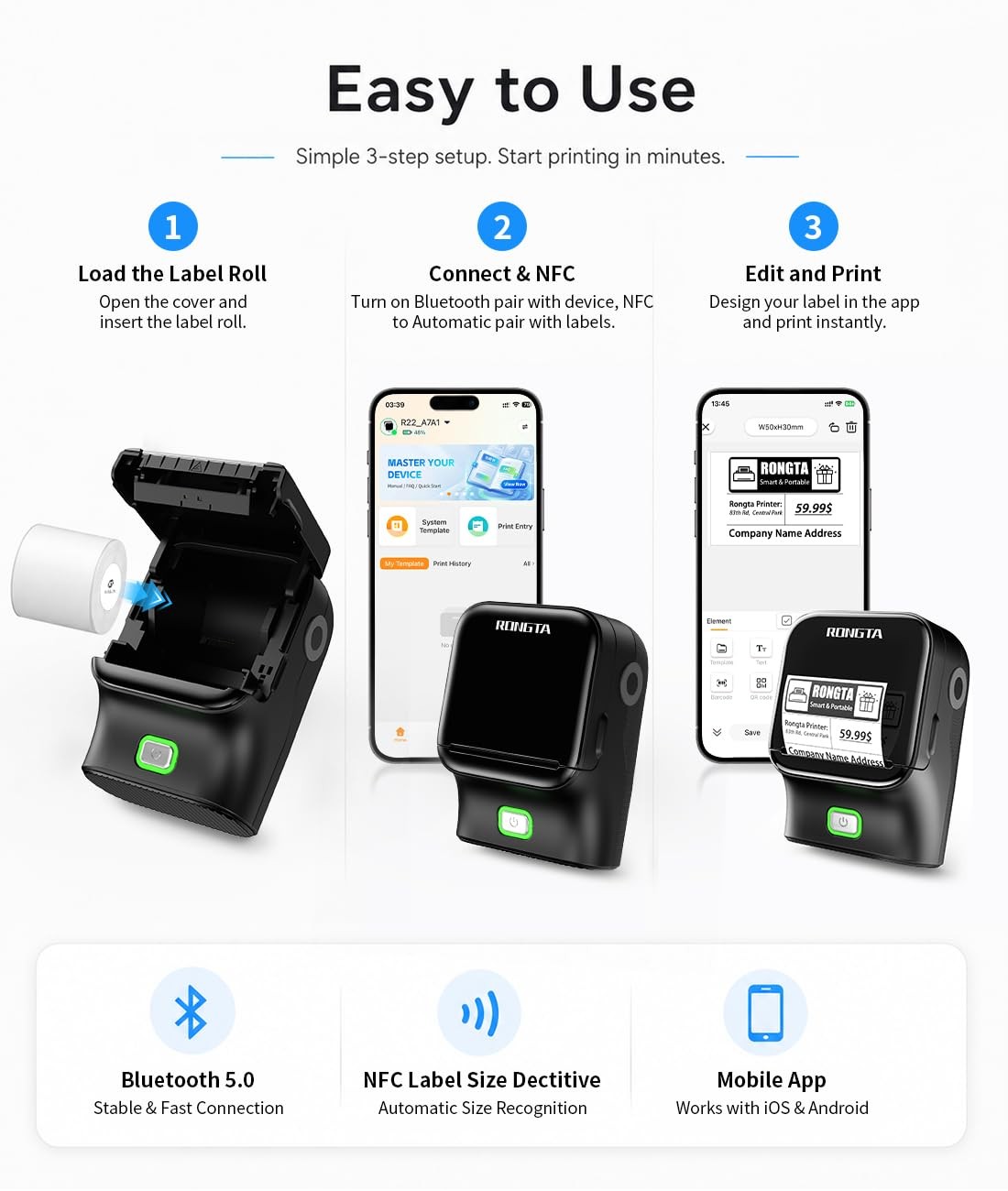 Rongta Bluetooth Label Maker Machine, Thermal Label Printer Easy to Use for O…