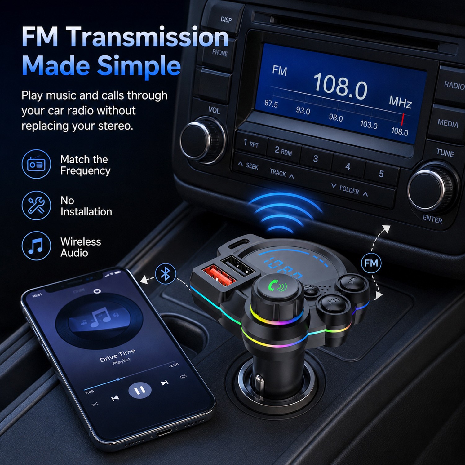 Bluetooth 5.3 Car Wireless FM Transmitter Adapter Hands Free Calling MP3 Player