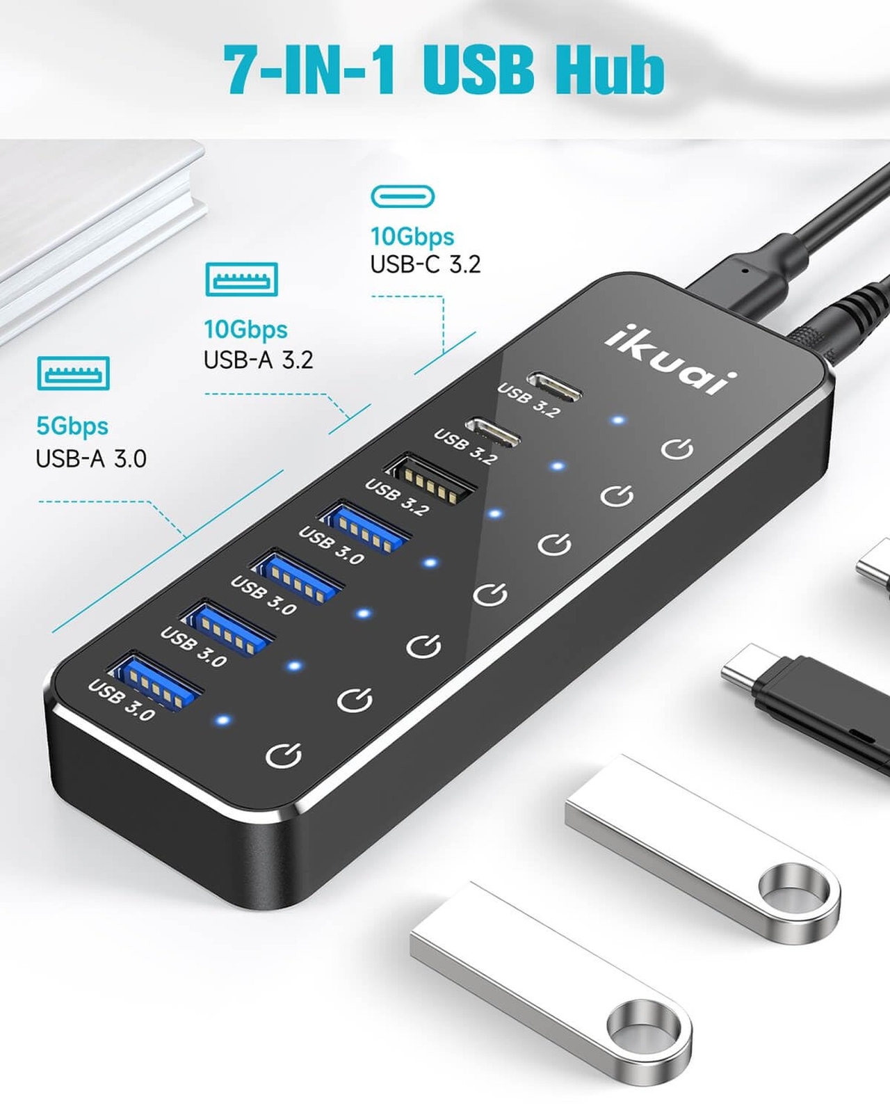 Powered USB Hub, ikuai 7-Port USB 3.2 / USB C Hub, with 3 10Gbps Data Ports (…