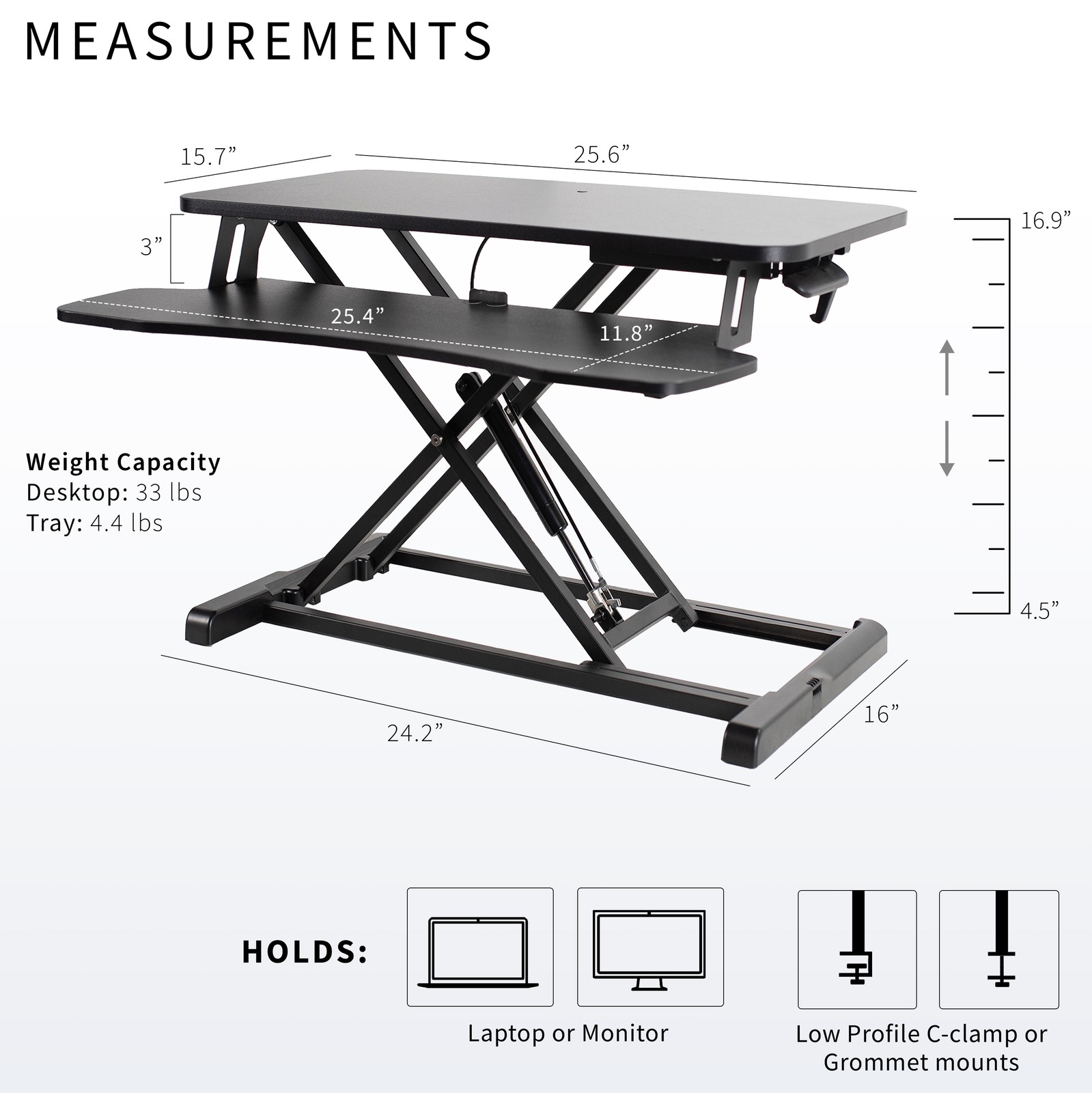 VIVO Black 26″ Height Adjustable Standing Desk Monitor Riser Sit Stand Tabletop