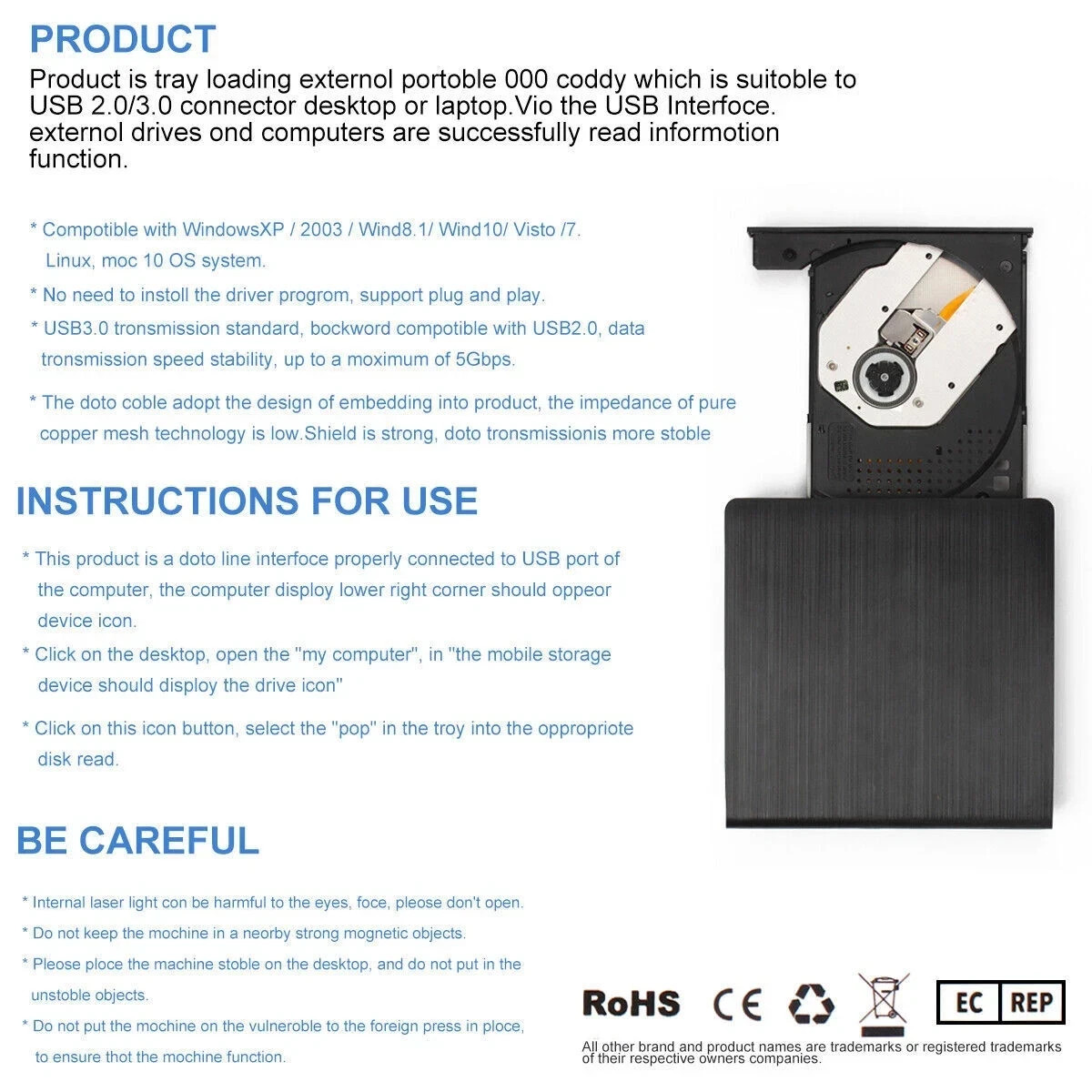 Slim External CD/DVD RW Drive USB 3.0 Writer Burner Player Black For Laptop PC
