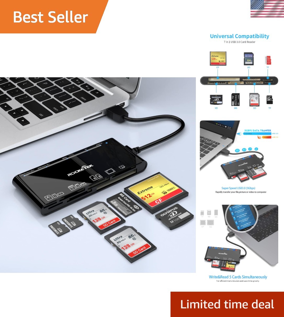 USB 3.0 Memory Card Reader, 7 in 1 Adapter Hub, for SD, CF, TF, Micro SD, XD, MS