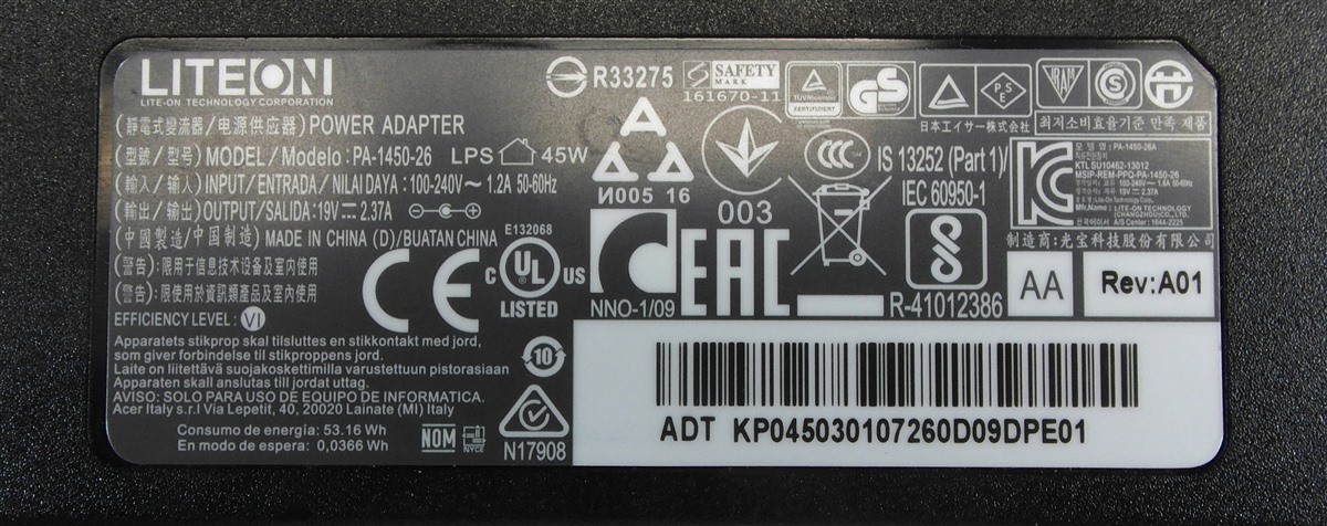 Genuine Liteon for Acer Charger AC Power Adapter PA-1450-26 19V 45W 5.5mm Tip