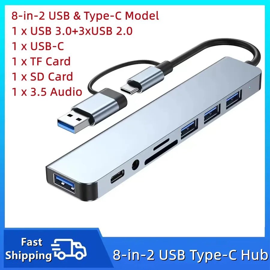 8 in 2Port USB-C Hub Adapter – 5G Speed Multi Splitter for PC, Laptop & MacBook