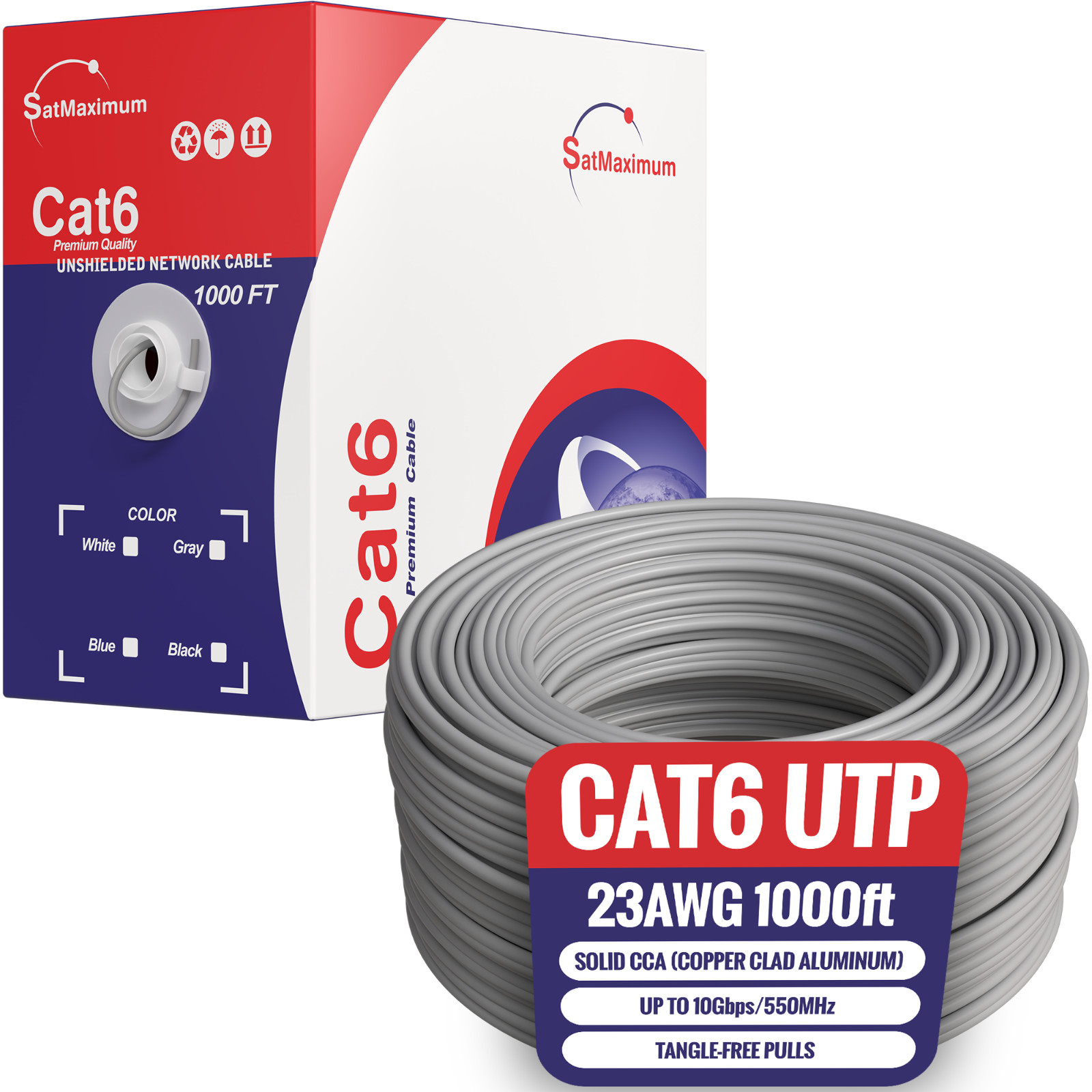 1000ft CAT6 Ethernet Cable – 23AWG UTP Solid CCA with Pullbox Gray