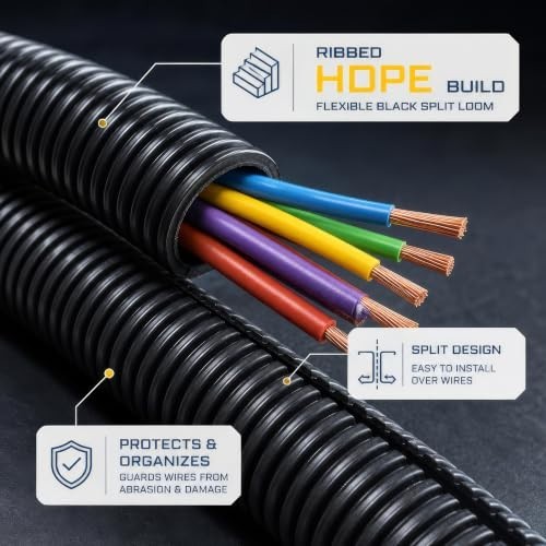 Split Wire Loom Tubing 1/2 Inch 25 Feet Black Cable Sleeve Cord Protector