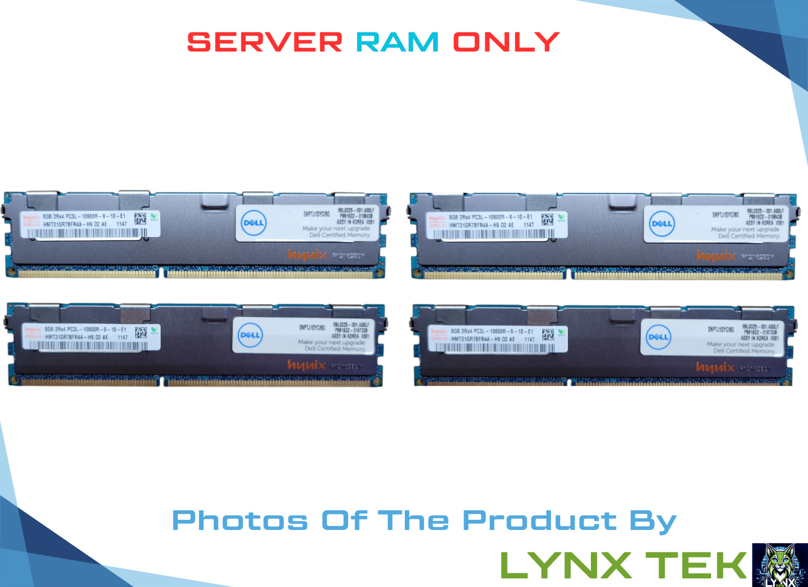 Lot of 4 SK Hynix 8GB 2Rx4 PC3L 10600R RDIMM SDRAM Dell Cert HMT31GR7BFR4A-H9