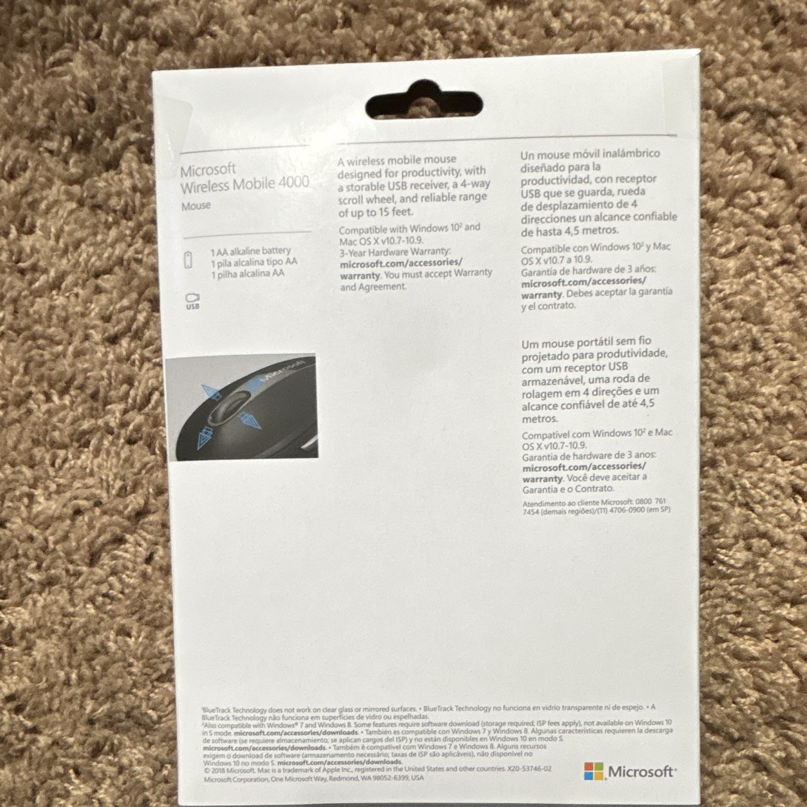 Microsoft Wireless Mobile 4000 BlueTrack 1000 DPI 4-Button Mouse USB Receiver