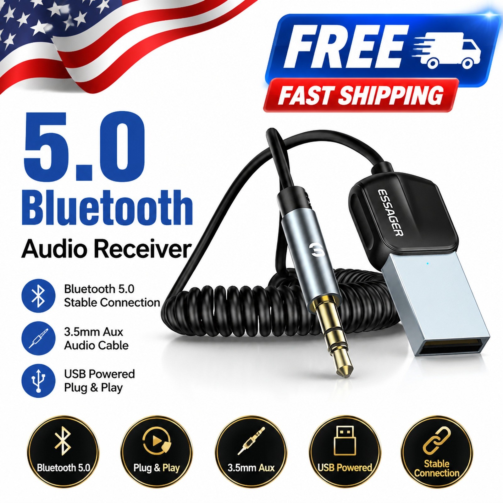 Bluetooth 5.0 3 5 mm Aux Adapter Essager USB Receiver Auto Klinke Lautsprecher