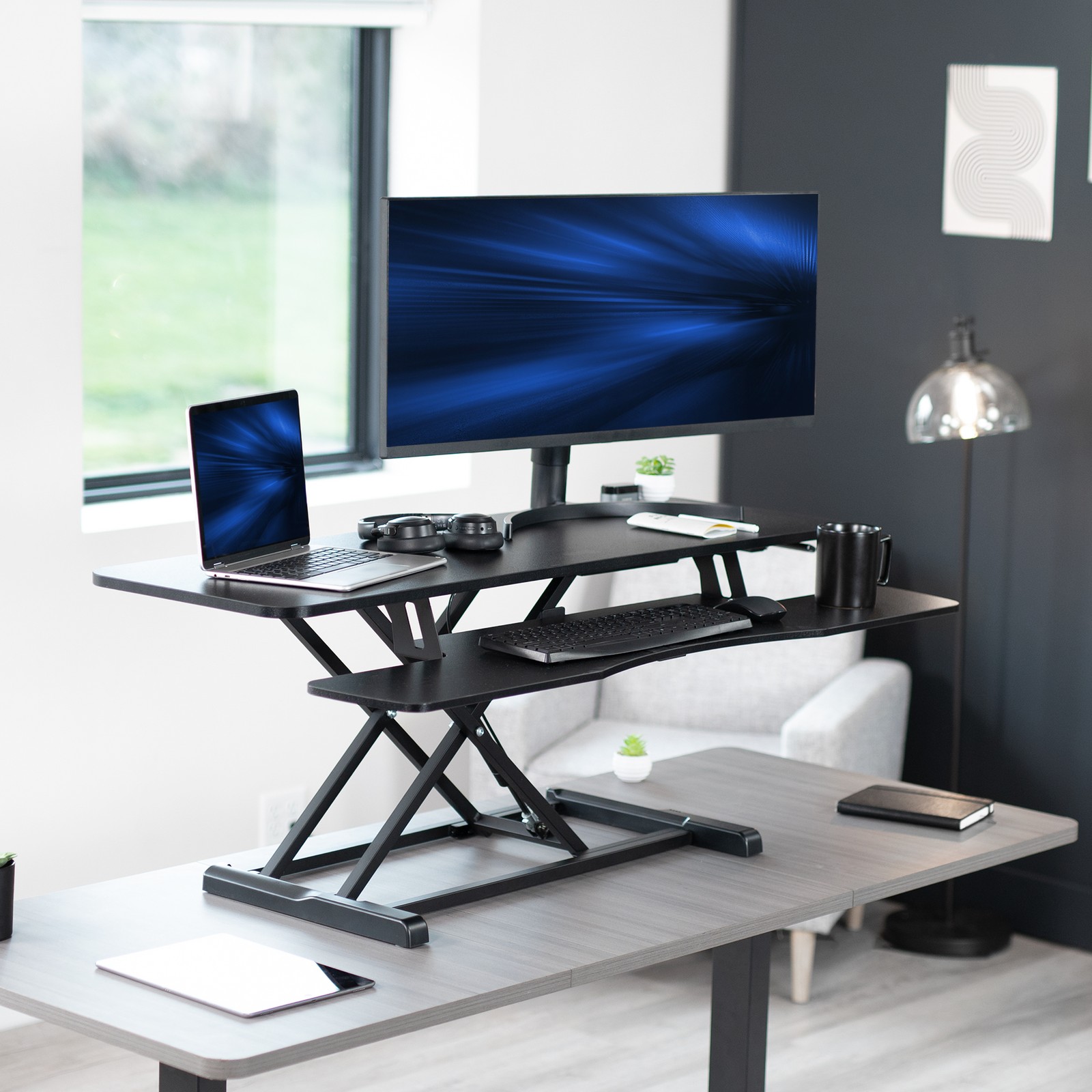 VIVO Black Height Adjustable 48″ Standing Desk Monitor Riser, Sit Stand Tabletop