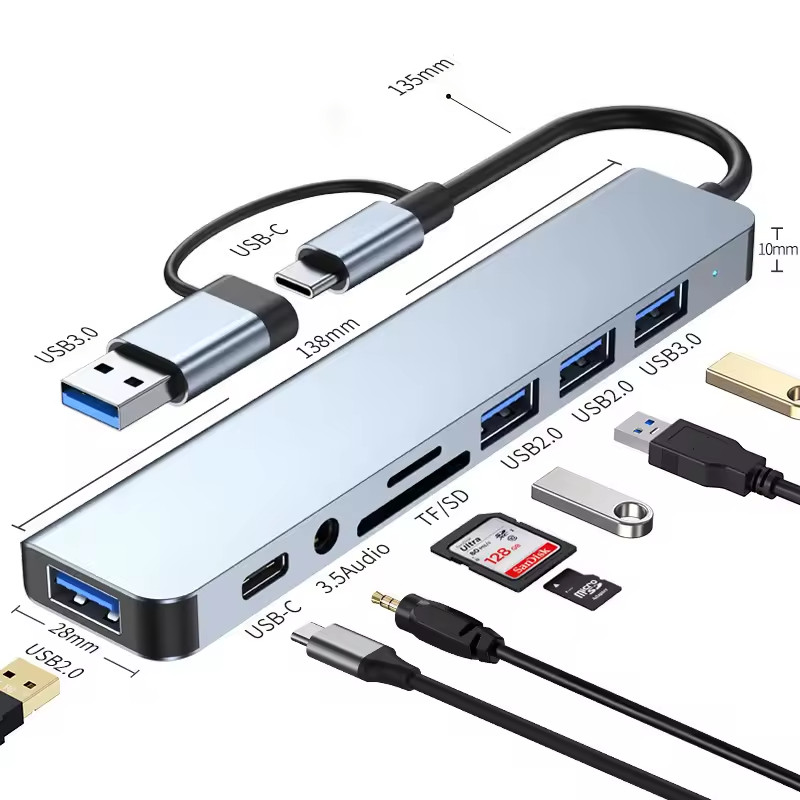 8 In 2 USB HUB With Splitter Card Reader, USB C Port, USB 3.0 / 2.0, SD/TF Split