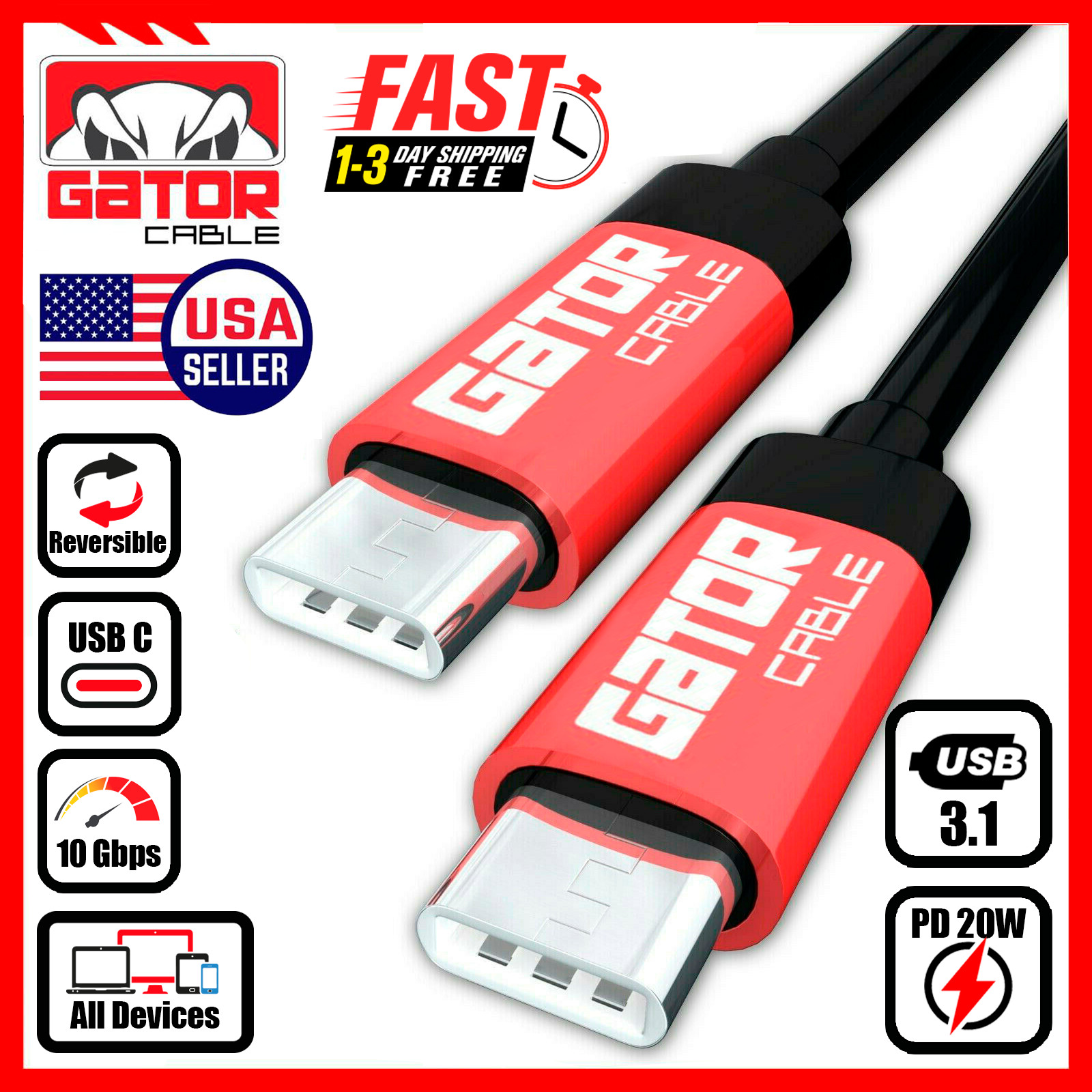 USB-C to USB-C 3.1 Male Type-C Cable Charger Fast Charge Data Sync PD 20W 3A