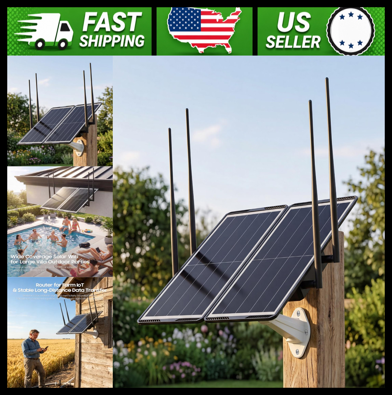 Solar Powered Outdoor WiFi Extender Dual Band Signal Booster 4 Antennas