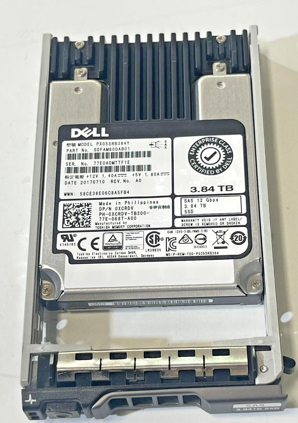 XCRDV DELL TOSHIBA 3.84TB 2.5″ 12GBPS SAS SSD PX05SRB384Y 0XCRDV W/ TRAY