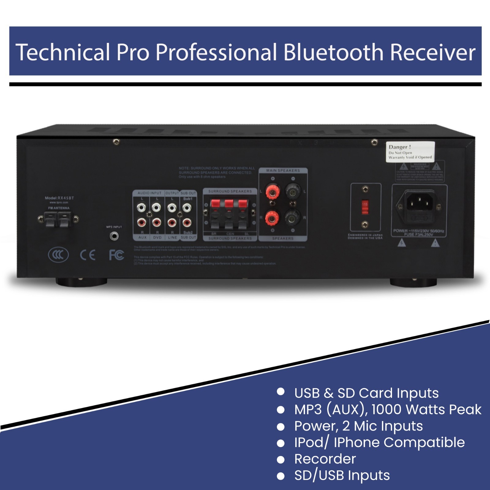 TPro 1000W Bluetooth Receiver with USB & SD Card Inputs for Home Audio Stereo
