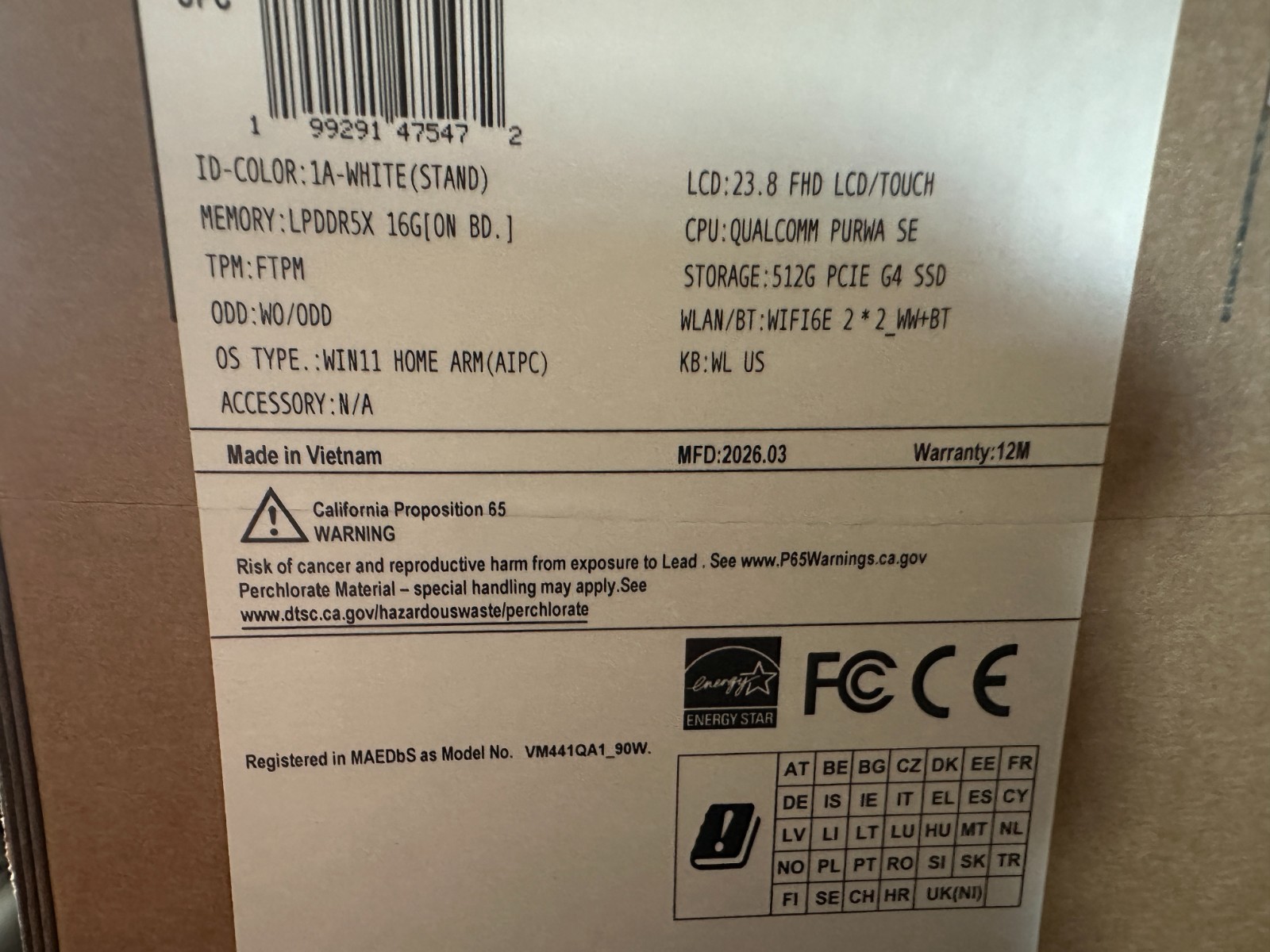 ASUS VM441 24″ FHD Touchscreen All-in-One – Snapdragon X – 16GB- 2026 Open Box!