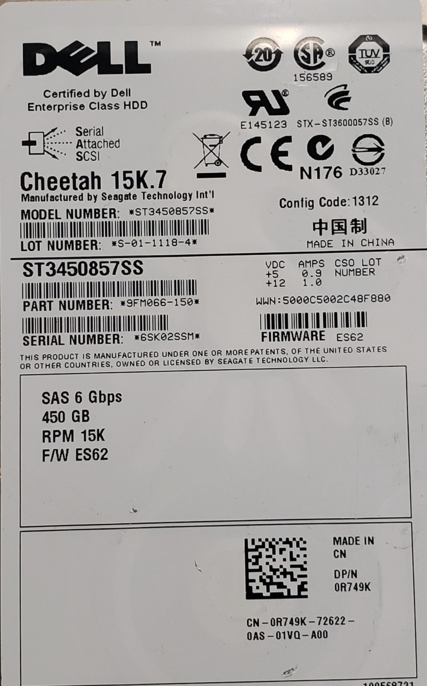 LOT OF 2 Dell Cheetah 15K.7 450GB SAS 3.5″ HDD ST3450857SS 6Gbps 9FL066