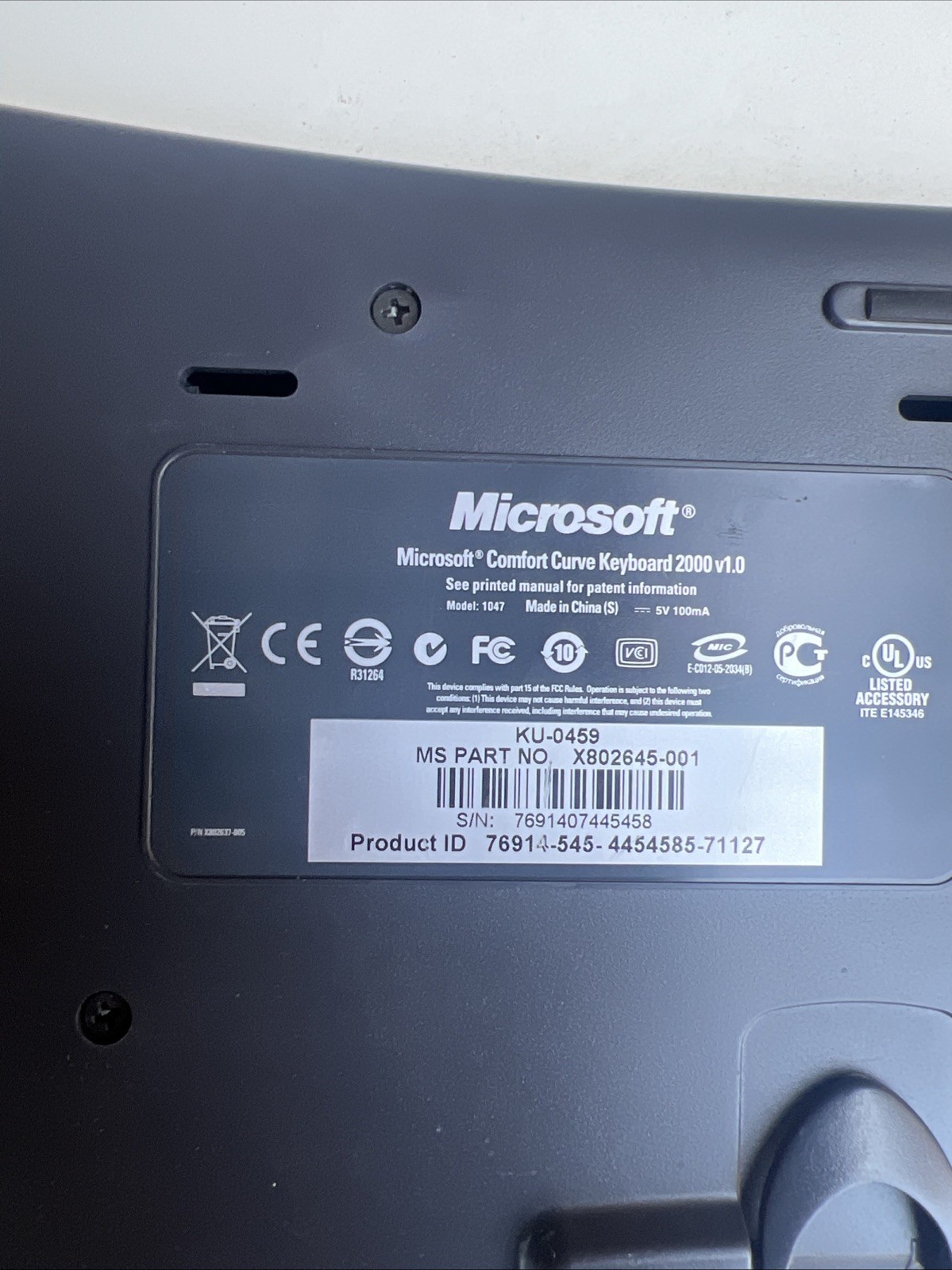 Microsoft Comfort Curve Keyboard 2000 v1.0 USB Wired Ergonomic KU-0459 Tested
