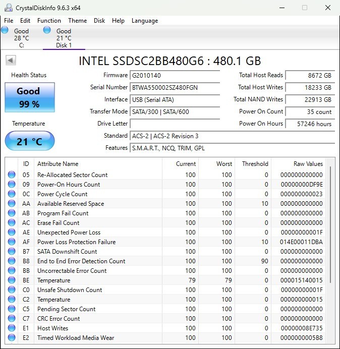 Intel 480GB SSD SATA 6G MLC 2.5in S3510 SSDSC2BB480G6K 99% Good Health