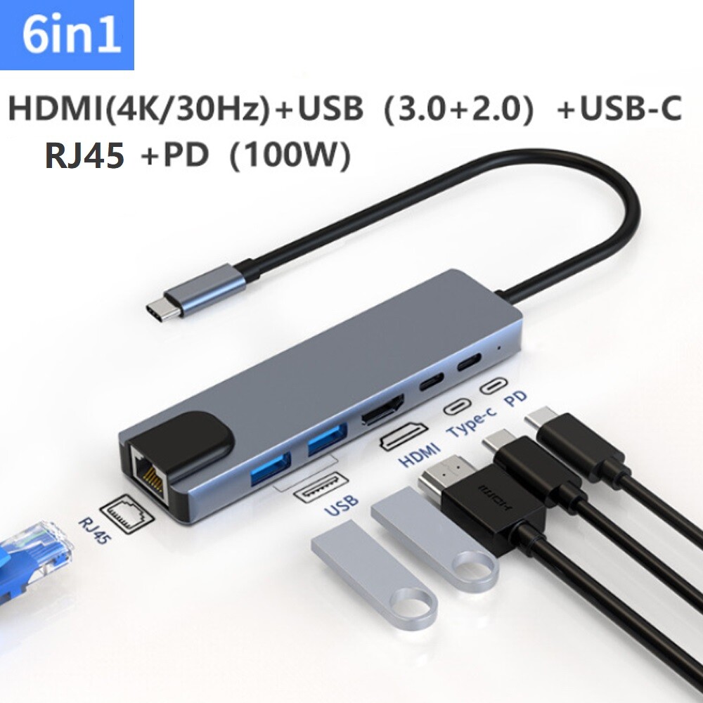 6 in 1 USB C HUB Type-C Multi USB Port 4K HDMI Adapter Dock RJ45 Ethernet USB-C