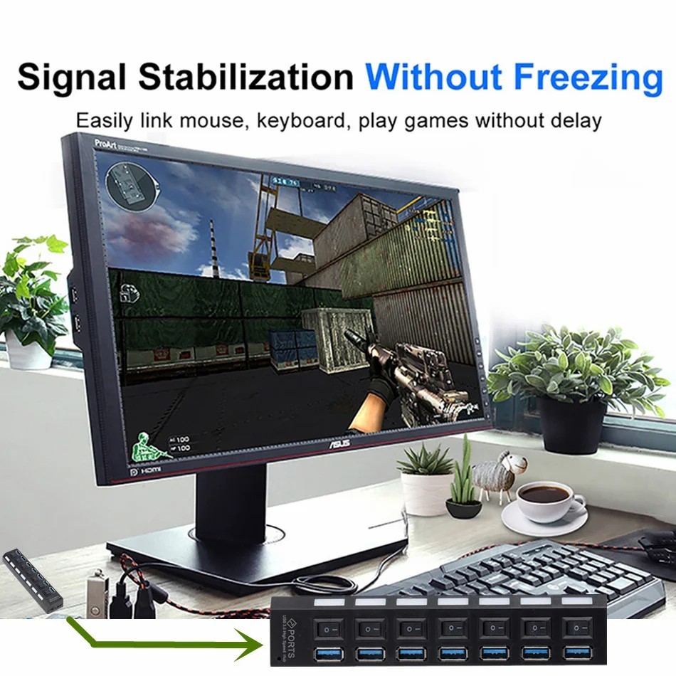 7 Port USB 3.0 Hub Splitter Adapter High Speed Extension For PC Laptop Desktop