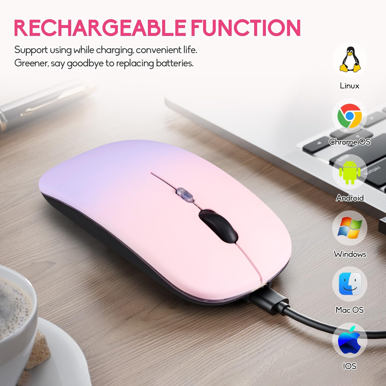 Wireless Bluetooth Mouse Rechargeable Silent Slim Laptop Mouse for Desktop