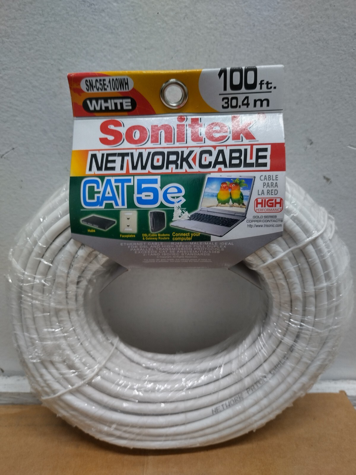 Sonitek 100 Feet White Gold-Plated Copper Contacts CAT5E Networking Cable