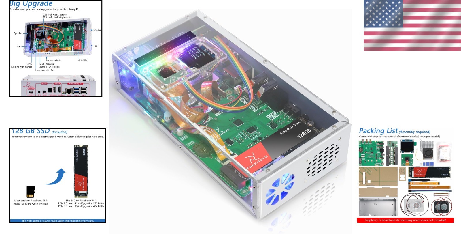 Ultimate Raspberry Pi 5 Case: 128GB SSD, Active Cooling, OLED, Camera, Stereo