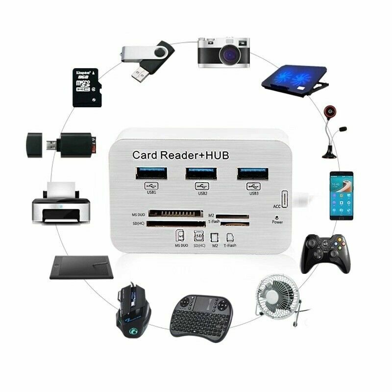 Aluminum 3 Port USB 3.0 Hub MS SD M2 TF Multi-In-1 Memory Card Reader Adapter US