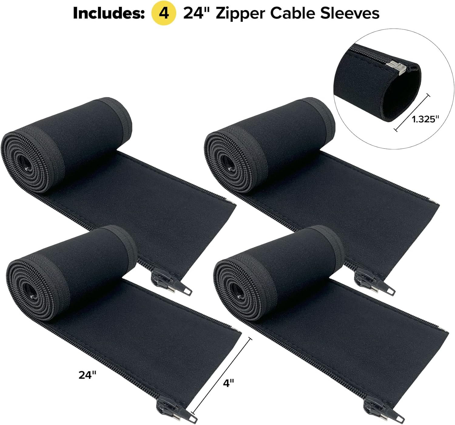 Zipper Cable Sleeve by – 24″ X 4″ (4-Pack) Black – Cord Organizer and Cable Pro