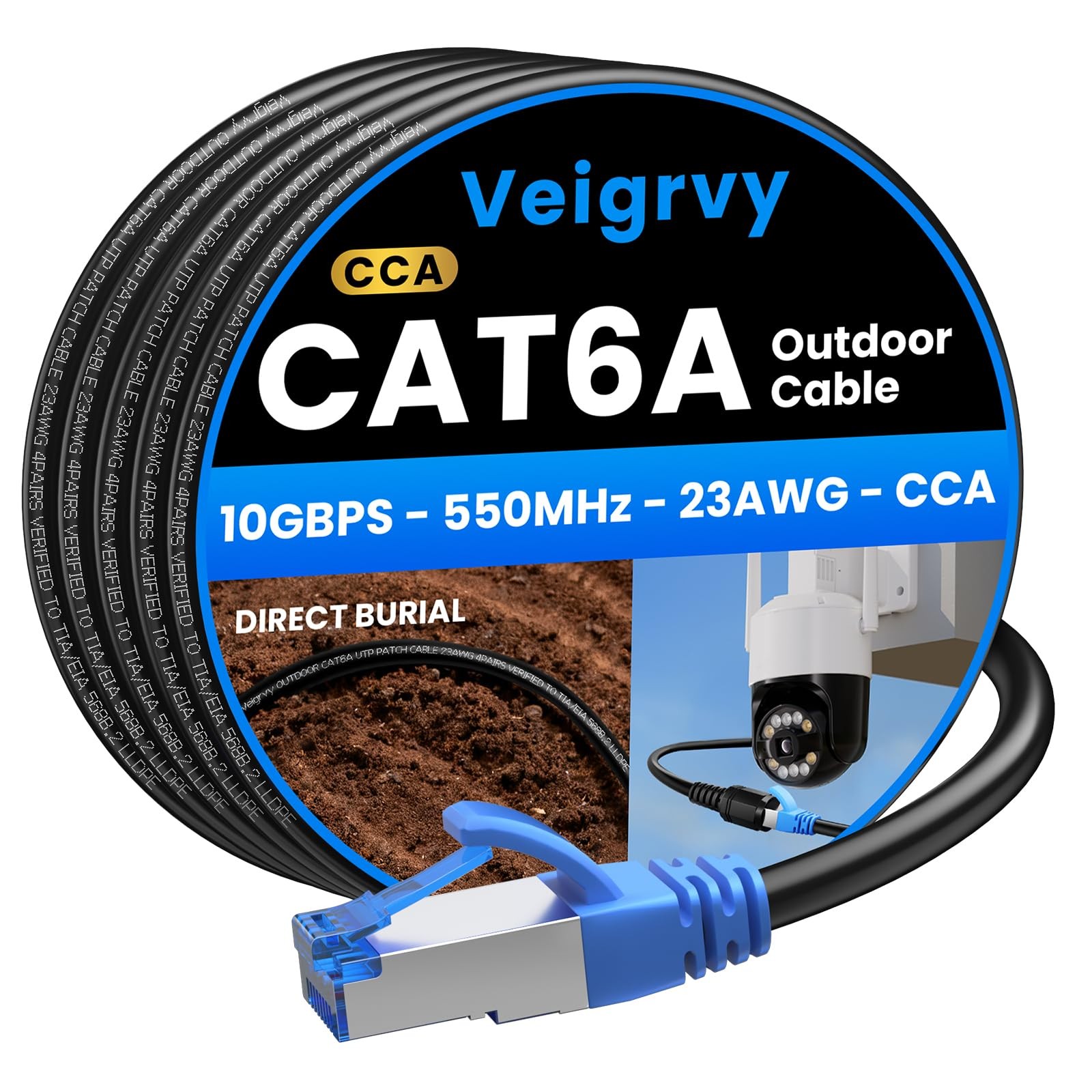 Veigrvy Cat6A Outdoor Ethernet Cable 100 ft Supports POE, 23AWG 550MHz High-S…